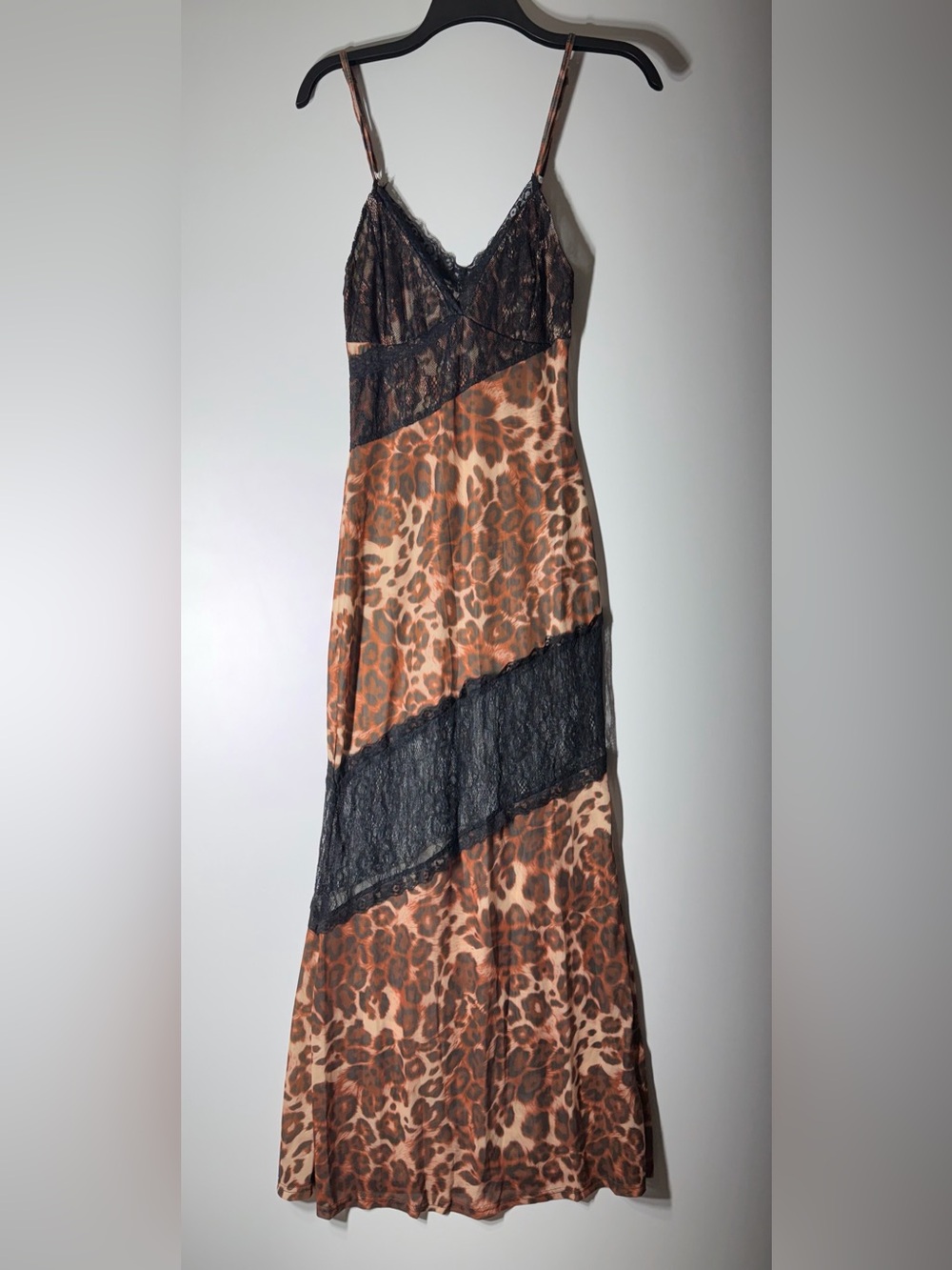 Leopard Print Slip Dress with Black Lace Trim Size S